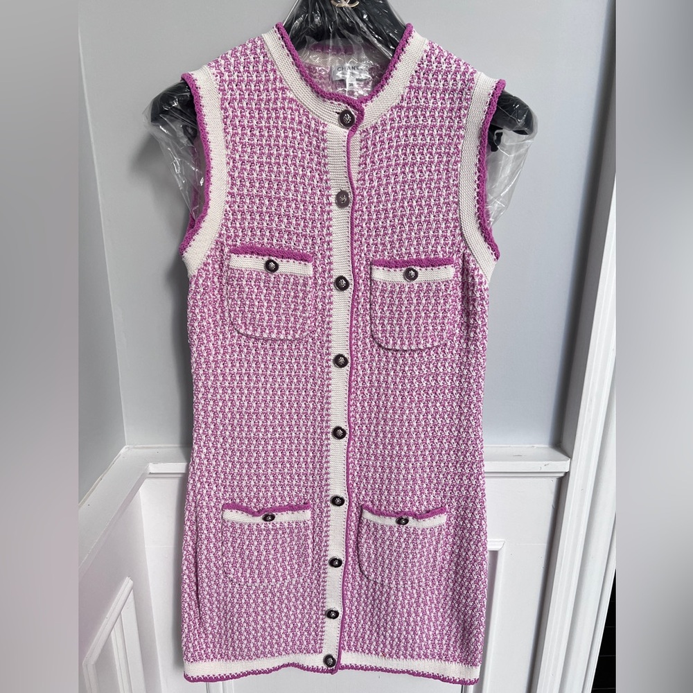 Chanel Pink and White Sleeveless Button-Up Cardigan